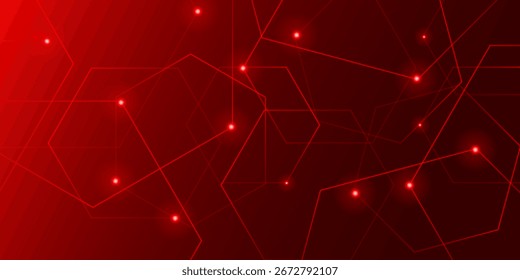 Abstract lines and dots connect with dark red background. Eps10 light hexagon template for ​tecnology or business concept.