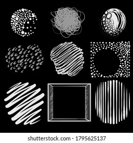 abstract lines and dots on black compostition. Black and white hand drawn illustration. Icon sign for print and labelling.