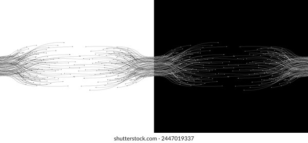 Abstract lines with dots over background. Connecting or big data concept. Design element or icon. Black shape on a white background and the same white shape on the black side.