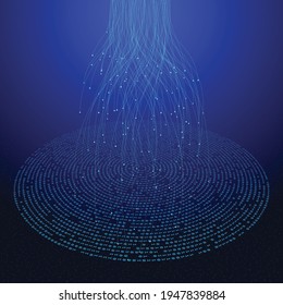 Abstract  lines with dots over circle with digits code. Connecting or big data concept. One and Zero number in circle.