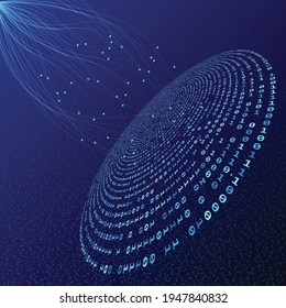 Líneas abstractas con puntos sobre círculo con código de dígitos. Concepto de conexión o de big data. Número uno y cero en círculo.