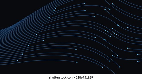 abstract lines with dots over dark background. Flowing particles wave. connecting or big data concept. Dynamic vector abstract background. 3d shape shining dots