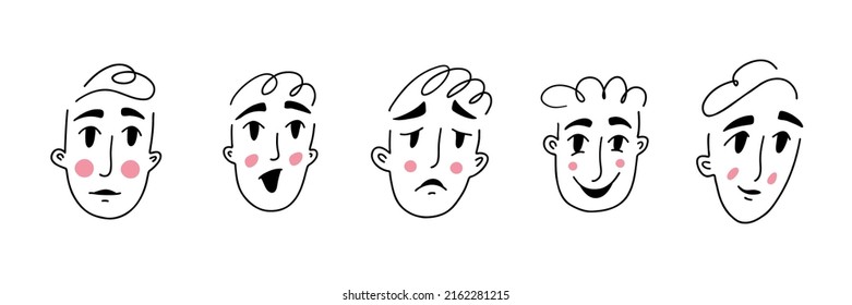 Abstract lines faces of people with diverse emotions. Joy, sadness, surprise, neutral face. Vector illustration.