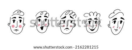 Abstract lines faces of people with diverse emotions. Joy, sadness, surprise, neutral face. Vector illustration.