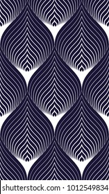 Abstract lines geometric seamless pattern, vector repeat endless fabric background. Floral leaves or fish squama shapes trendy motif. Single color, black and white.