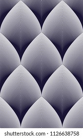 Abstract lines geometric seamless pattern, vector repeat endless fabric background. Floral leaves or fish squama shapes trendy motif. Single color, black and white.