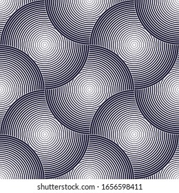 Abstract lines geometric seamless pattern, vector repeat endless fabric background. Overlapping circles funky theme. Single color, black and white. 