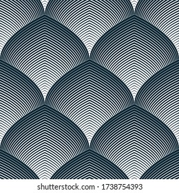 Abstract lines geometric seamless pattern, vector repeat endless fabric background. Roof tiling or fish squama shapes motif. Single color, black and white.