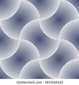 Líneas abstractas de patrón geométrico sin soldadura, fondo de tela interminable vectorial. Los círculos superpuestos son un tema candente. Color único, negro y blanco.