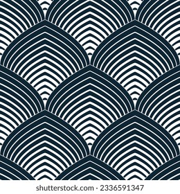 Abstract lines geometric seamless pattern, vector repeat endless fabric background. Roof tiling or fish squama shapes motif. Single color, black and white.