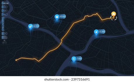 Abstract lines geometric shapes, location tracks dashboard. Navigation pin. Isometric map background. Transportation, roads. Digital art. Editable vector illustration. High-quality customizable