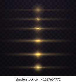 Abstract lines with glow light effect. Flash with rays and spotlight. Golden lights effects isolated on transparent background. Gold glowing lines with stars set. Vector illustration, eps 10.