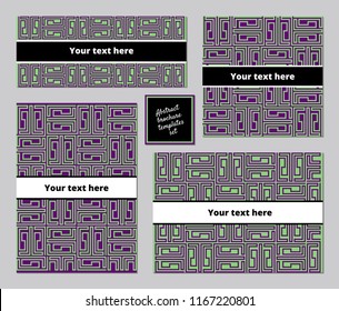 Abstract lines labyrybth pattern A5 brochure vector template set purple violet and green