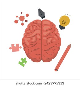 Concepto de funciones cerebrales de líneas abstractas izquierda y derecha, analítico vs creatividad. Lado izquierdo y derecho del cerebro, lógica y creatividad. Concepto de cerebro humano derecho izquierdo, ilustración texturizada. Creativo