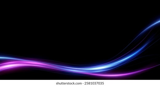 Abstract lines. Neon lines of speed and fast wind. The effect of moving at the speed of light. Blue and pink glow effect. Magic shiny line. Neon. Background.