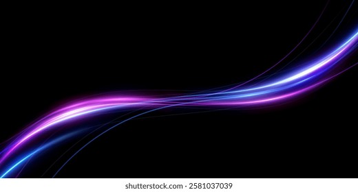 Abstract lines. Neon lines of speed and fast wind. The effect of moving at the speed of light. Blue and pink glow effect. Magic shiny line. Neon. Background.