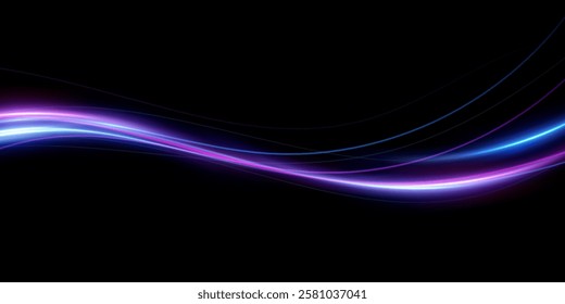 Abstract lines. Neon lines of speed and fast wind. The effect of moving at the speed of light. Blue and pink glow effect. Magic shiny line. Neon. Background.