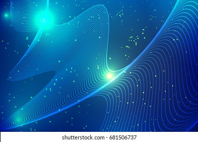 Abstract Lines on  Colored Background with Luminous Particles. Technological Concept of Electronic Sound Waves. Vector Neon Sign.