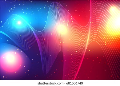 Abstract Lines on  Colored Background with Luminous Particles. Technological Concept of Electronic Sound Waves. Vector Neon Sign.