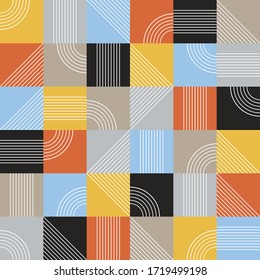 Resumen de líneas en forma geométrica con colores naranja, negro, marrón, azul, gris y amarillo para fondo, azulejos y obras de arte.