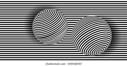 Fondo retro de líneas abstractas. Contraste blanco y negro con el cuadro óptico con la bola ondulada 3D