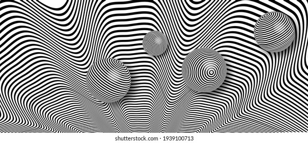Abstract Lines Retro Background. Black and White Contrast Flowing Frame ptical Art Wavy 3D ball
