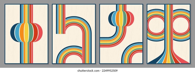 Abstract lines retro background set. Vintage graphic pattern with stripes. Rainbow poster, cover or banner design template. Vector illustration.