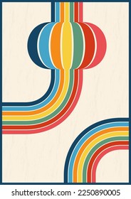 Fondo retro de líneas abstractas. Patrón gráfico vintage con rayas. Plantilla de diseño de afiches, carátulas o pancartas en arco iris. Ilustración vectorial.