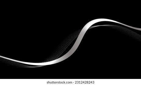 Abstract lines and ribbon silver neon glow on black background.Vector graphic illustration.