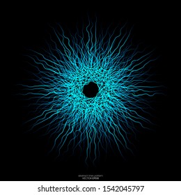 Abstract lines rotation pattern circle shape in blue green light isolated on black background. Vector illustration in concept technology, explosion, eye iris.