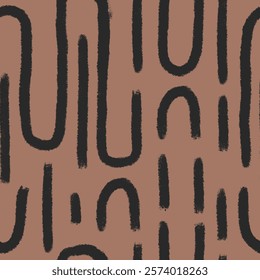 Abstract lines seamless pattern. Curved grunge stroke endless background. Wavy black brush ink shapes repeat cover. Tribal continuous ornament. Pattern monochrome motif. Vector hand drawn illustration
