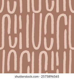 Abstract lines seamless pattern. Curved grunge stroke endless background. Wavy brown brush ink shapes repeat cover. Tribal continuous ornament. Pattern monochrome motif. Vector hand drawn illustration