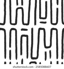Abstract lines seamless pattern. Freehand geometric grunge stroke endless background. Wavy black brush ink shapes repeat cover. Tribal maze continuous ornament. Vector hand drawn illustration.