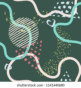 Abstract lines seamless pattern on black background.Modern lines, hand painted elements,curve shapes,dots.Dark grunge minimalistic seamless pattern.Wrapping package cover design.Vector illustration