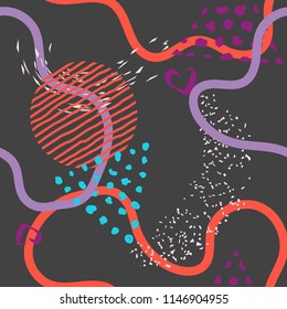 Abstract lines seamless pattern on black background.Modern lines, hand painted elements,curve shapes,dots.Dark grunge minimalistic seamless pattern.Wrapping package cover design.Vector illustration