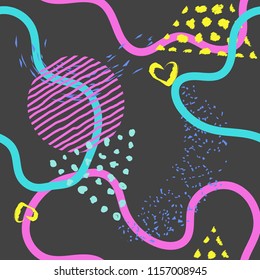 Abstract lines seamless pattern on black background.Modern lines, hand painted elements,curve shapes,dots.Dark grunge minimalistic seamless pattern.Wrapping package cover design.Vector illustration