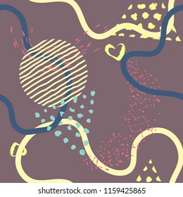 Abstract lines seamless pattern on black background.Modern lines, hand painted elements,curve shapes,dots.Dark grunge minimalistic seamless pattern.Wrapping package cover design.Vector illustration