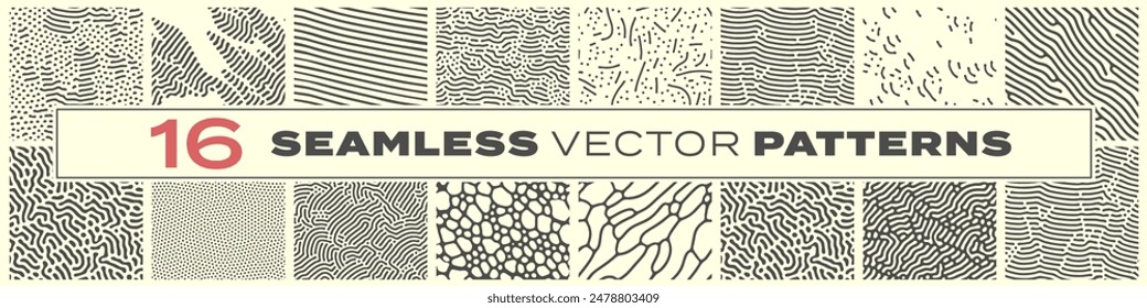 Abstract lines seamless patterns, vector modern trnedy backgrounds set. Organic patterns with color memphis dots and irregular doodle lines, squiggle texture creative design