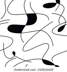 Abstract lines and shapes seamless pattern vector. Black and white geometric backdrop illustration. Wallpaper, graphic background, fabric, textile, print, wrapping paper or package design.