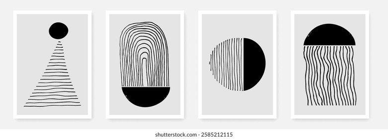 Abstract Lines Wall Art Poster Set. Vector Minimalist Trendy Contemporary Design for Wall Art, Prints, Social Media, Posters, Invitations, Branding Design. Grunge Line Art Textured Background Design