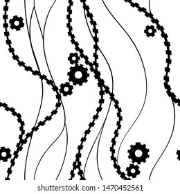 abstract lines waves pattern seamless , curve intertwine black line shape hand drawn gears and chain steampunk wallpaper background fabric textile , repeatable isolated on white vector illustration 