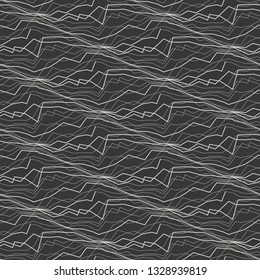 Abstract lines and waves seamless pattern. Chaotic light tide and entagled lines on dark background. Monochrome chalk drawing grey background. Textile, wallpaper, wrapping paper design