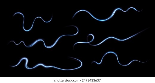 Líneas Abstractas. Líneas de neón de velocidad y viento rápido. Efecto de moverse a la velocidad de la luz. Efecto de resplandor azul. Línea mágica brillante. Neón. Antecedentes.	