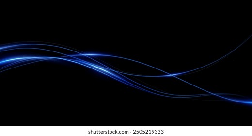 Abstrakte Linien.Neonlinien von Geschwindigkeit und schnellem Wind. Wirkung der Bewegung mit Lichtgeschwindigkeit. Blauer Glüheffekt. Magische glänzende Linie. Neon. Hintergrund.	