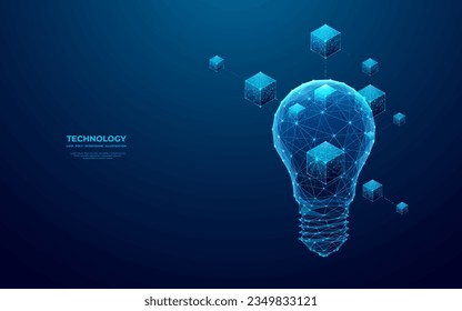 Abstract linked blocks and digital light bulb on technology blue background. Blockchain idea concept. Futuristic low poly wireframe vector illustration. Modern polygonal lamp and cubes hologram.