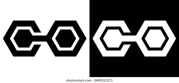 Abstract linked letter C and O like logo or icon. Hexagon connect concept. Black shape on a white background and the same white shape on the black side.