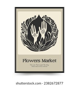 Abstract linocut floral posters template. Modern trendy Matisse minimal style. Black and white colors. Magic, girls and mystical. Hand drawn design for wallpaper, wall decor, print.