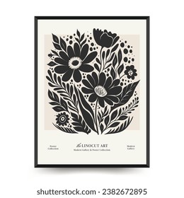 Abstract linocut floral posters template. Modern trendy Matisse minimal style. Black and white colors. Magic, girls and mystical. Hand drawn design for wallpaper, wall decor, print.