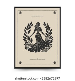 Abstract linocut floral posters template. Modern trendy Matisse minimal style. Black and white colors. Magic, girls and mystical. Hand drawn design for wallpaper, wall decor, print.