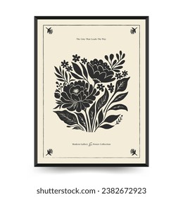 Abstract linocut floral posters template. Modern trendy Matisse minimal style. Black and white colors. Magic, girls and mystical. Hand drawn design for wallpaper, wall decor, print.